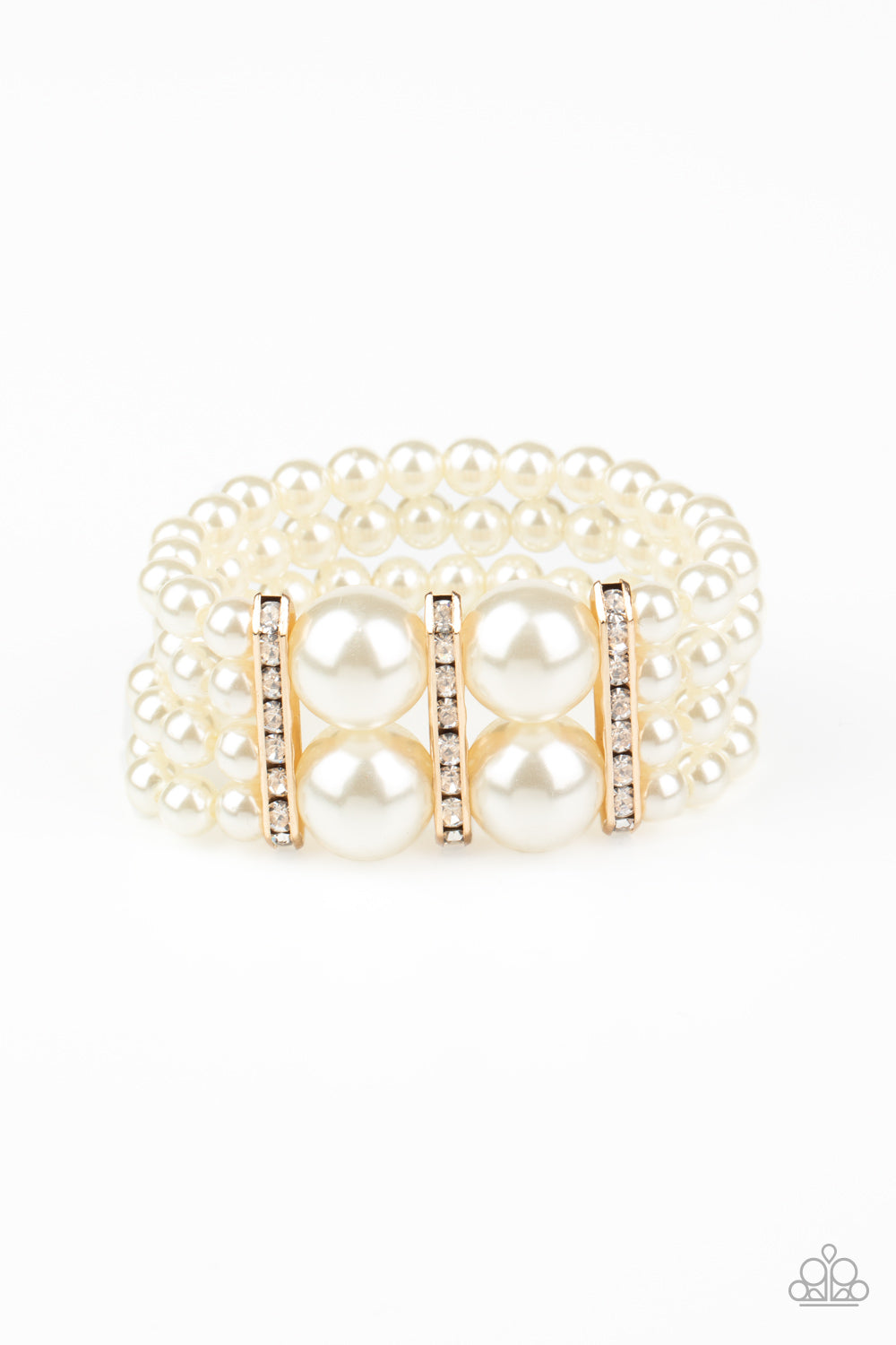 gold, bracelet, stretchy bracelet, pearl, white rhinestone, affordable jewelry, paparazzi accessories, statement bracelet,