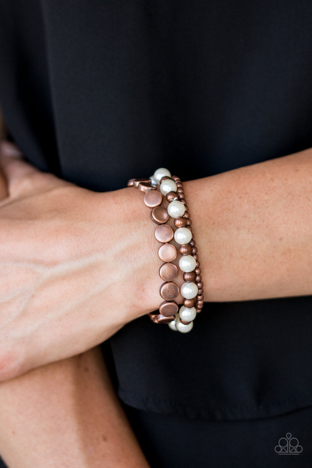 copper, copper jewelry, pearl, pearl jewelry, bracelet, stretch bracelet, stackable bracelet, white, everyday jewelry, affordable jewelry, paparazzi accessories, jewelry store, jewelry stores near me