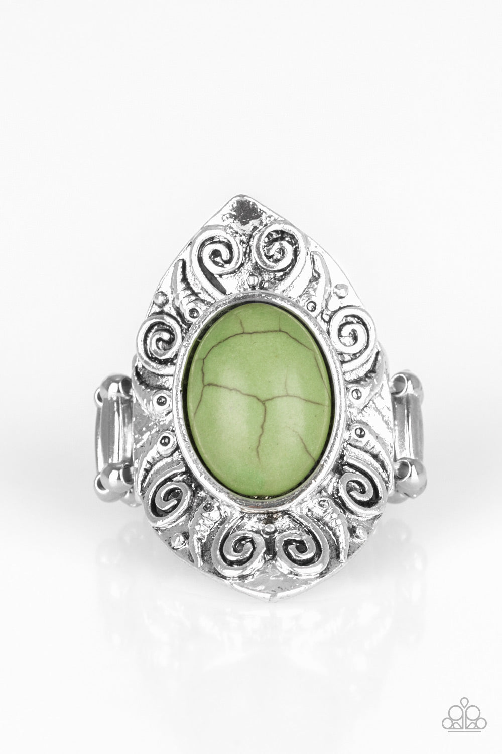 silver, silver jewelry, green, crackle stone, stone jewelry, paparazzi accessories, affordable jewelry, everyday jewelry, ring, adjustable ring, st pattys day