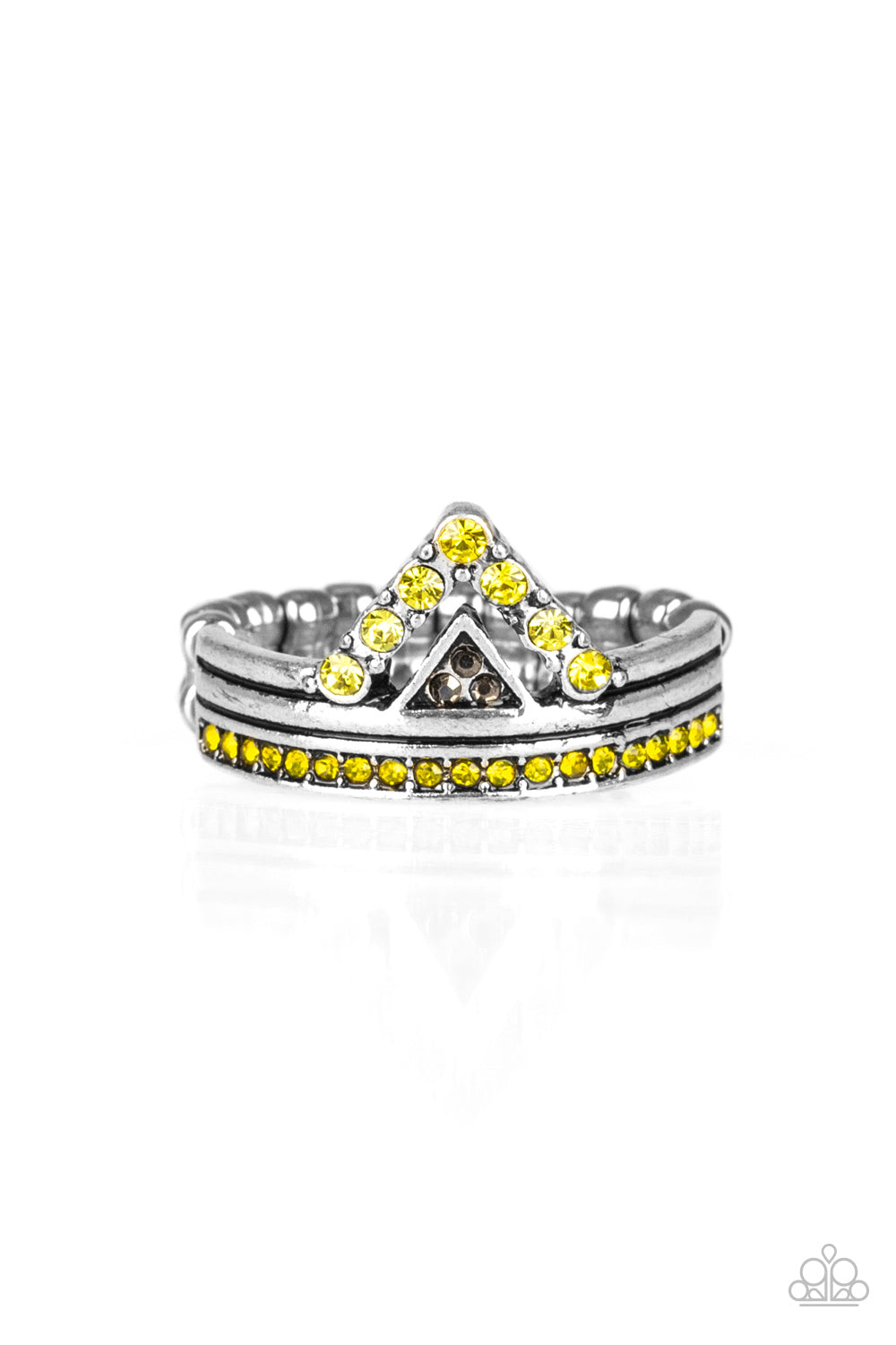 silver, silver jewelry, adjustable ring, one size fits all, yellow, yellow jewelry, orange rhinestone, everyday jewelry, affordable jewelry, paparazzi accessories