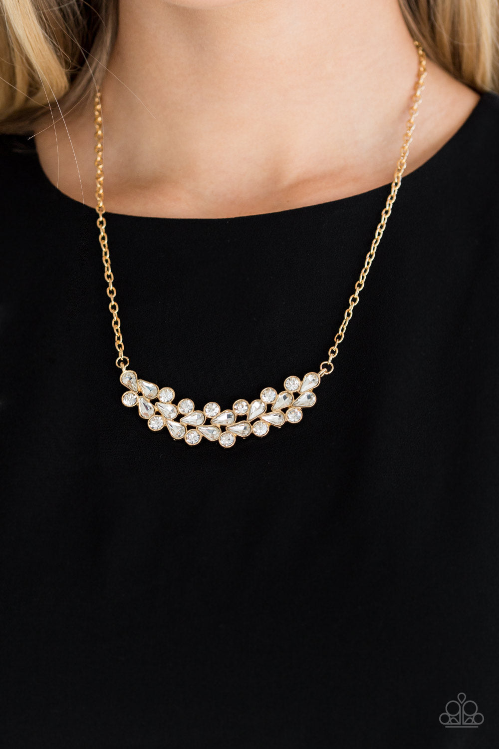 gold, gold jewelry, white, white rhinestone, everyday jewelry, affordable jewelry, paparazzi accessories, prom jewelry, wedding jewelry, jewelry stores, jewelry stores near me,