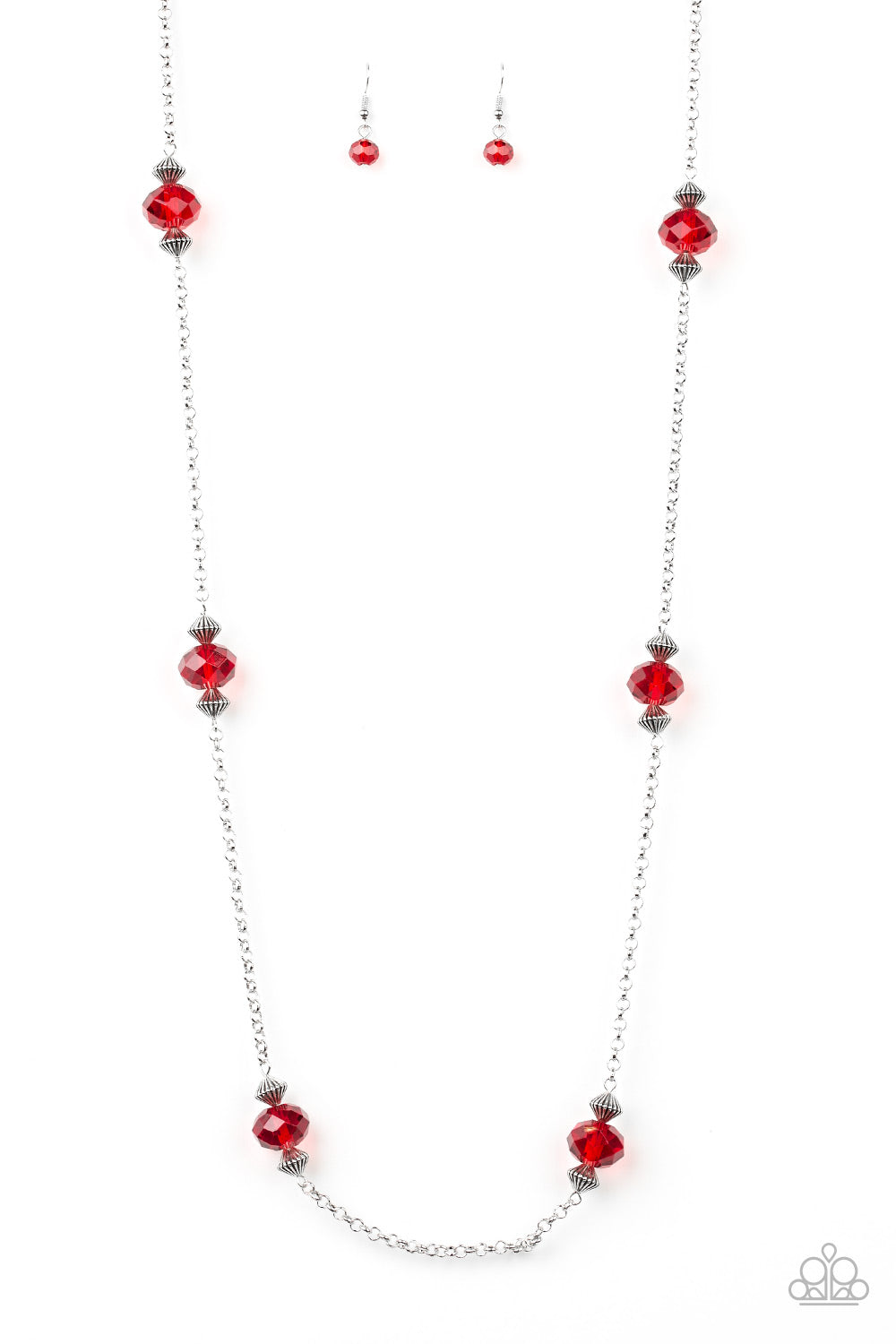 silver, silver jewelry, red, red jewelry, necklace, long necklace, red rhinestone, everyday jewelry, affordable jewelry, paparazzi accessories, office jewelry