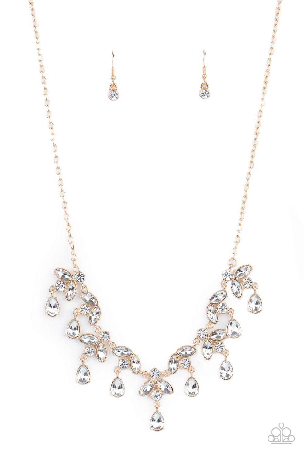 gold, gold jewelry, necklace, medium necklace, everyday jewelry, affordable jewelry, statement necklace, white rhinestone, paparazzi accessories