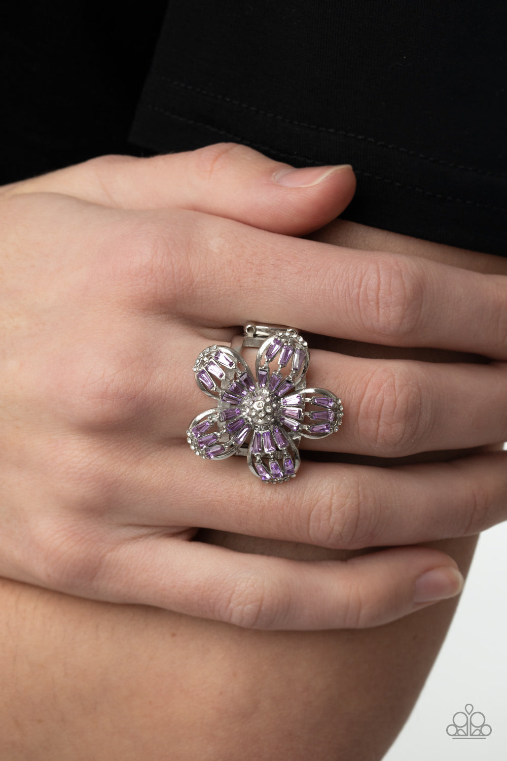 silver, silver jewelry, ring, adjustable ring, purple, purple jewelry, rhinestone, affordable jewelry, affordable holiday gift, everyday jewelry, flower, flower jewelry, paparazzi accessories, jewelry stores, jewelry stores near me,