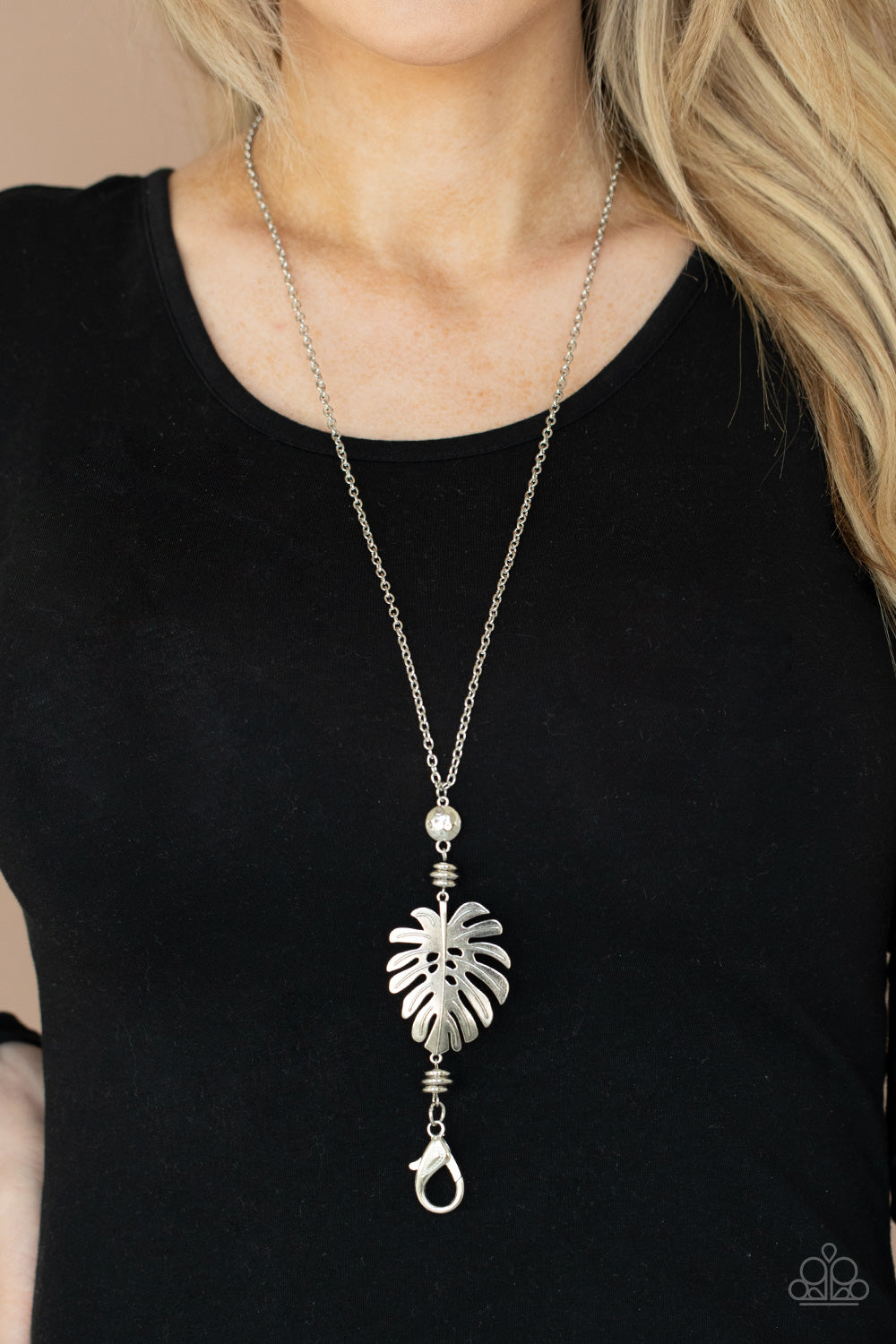 silver, silver jewelry, necklace, long necklace, affordable jewelry, affordable holiday gift, everyday jewelry, paparazzi accessories, jewelry stores, jewelry stores near me, tax free jewelry, leaf, leaf jewelry,