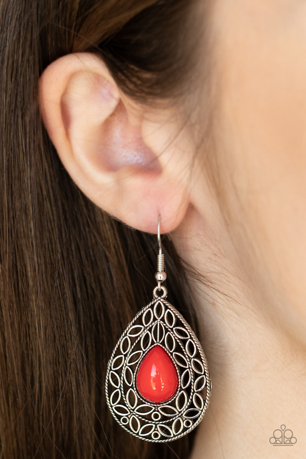silver, silver jewelry, earring, fish hook, red, red jewelry, affordable jewelry, paparazzi accessories, everyday jewelry, casual jewelry,