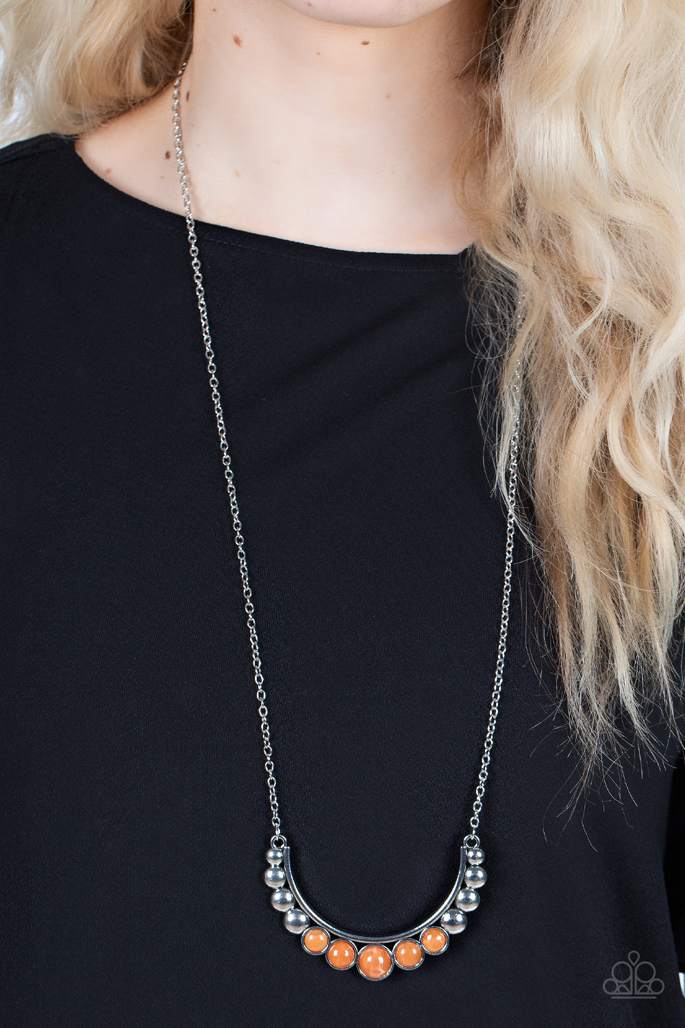 silver, silver jewelry, affordable jewelry, paparazzi accessories, everyday accessories, orange, moon stone, necklace, medium necklace,