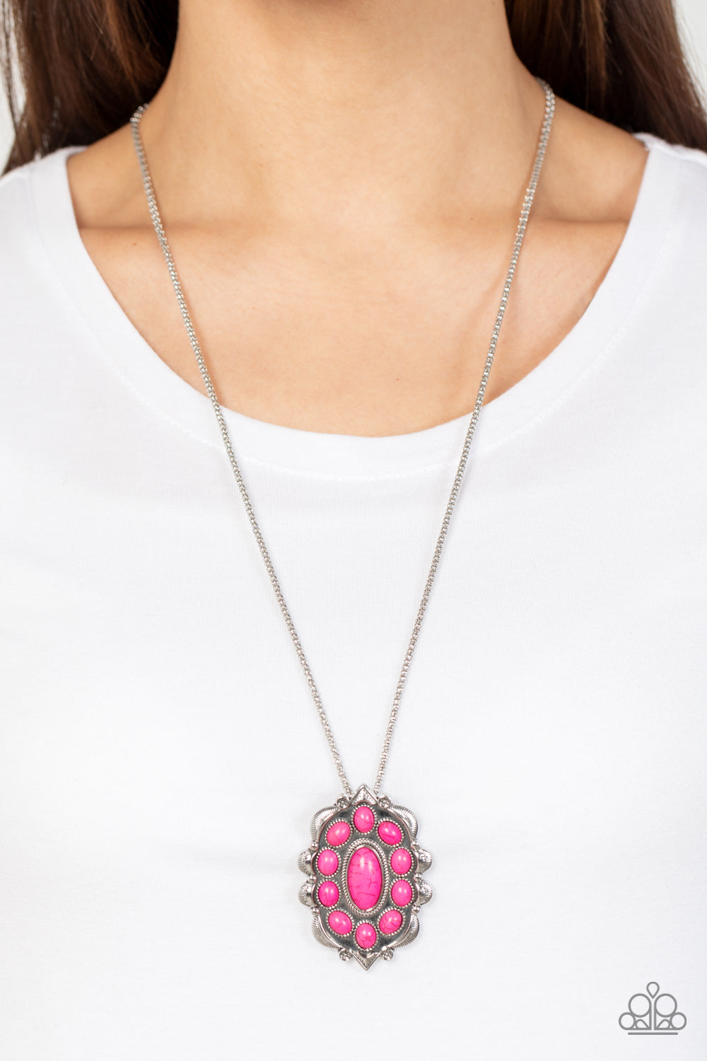 silver, silver jewelry, necklace, long necklace, pink, pink jewelry, stone, crackle stone, boho jewelry, pendant necklace, affordable jewelry, affordable holiday gift, everyday jewelry, casual jewelry, trending jewelry, viral jewelry, casual jewelry, paparazzi accessories, tax free jewelry, paparazzi accessories,