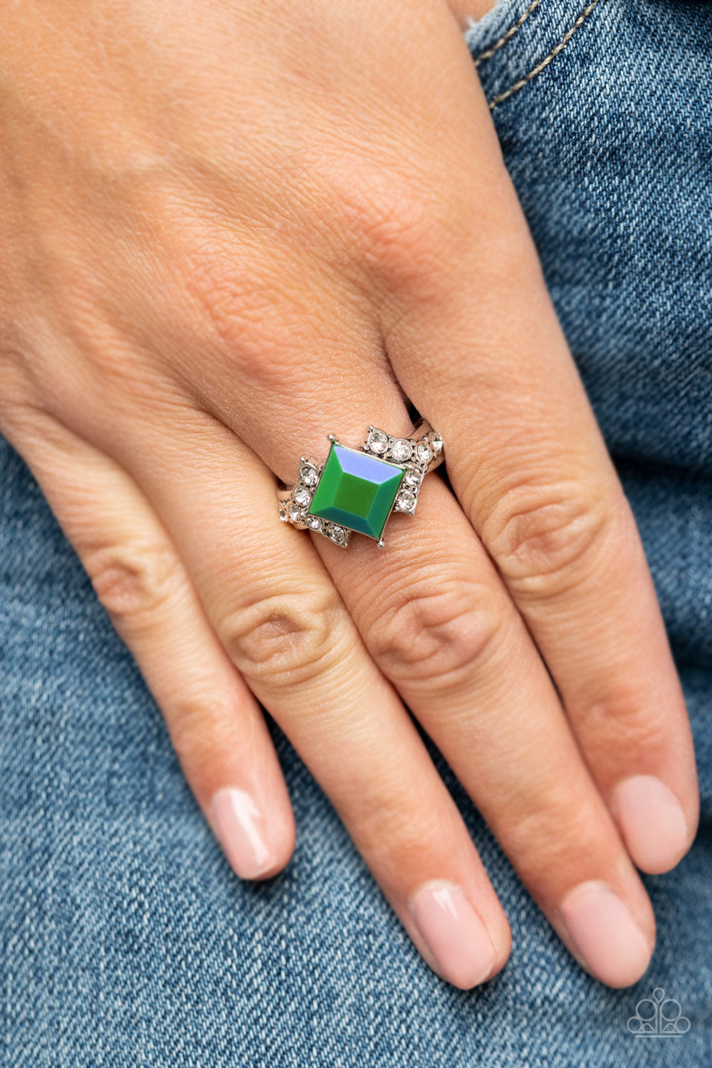 silver, silver jewelry, ring, skinny back ring, adjustable ring, green jewelry, green, iriescent, affordable jewelry, affordable holiday gift, everyday jewelry, trending jewlery, paparazzi accessories, jewelry stores, jewelry stores near me, casual jewelry, st patricks day jewelry, wedding jewelry, prom jewelry,