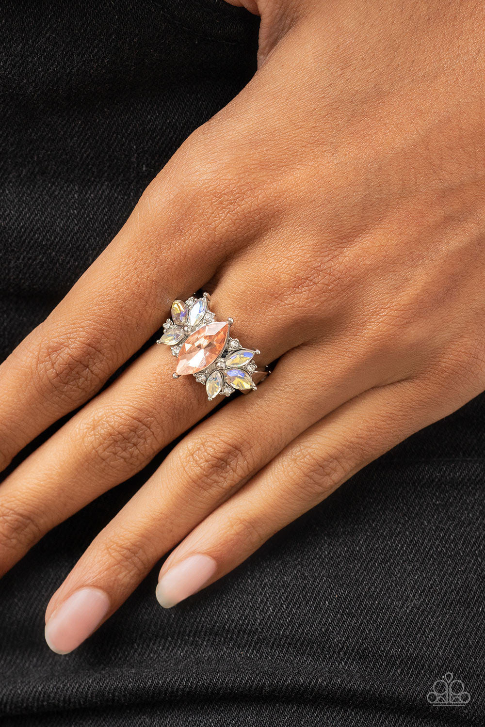 silver, silver jewelry, orange, rhinestone, orange jewelry, iridescent, iridescent jewelry, ring, fat back, affordable jewelry, paparazzi accessories, everyday jewelry,