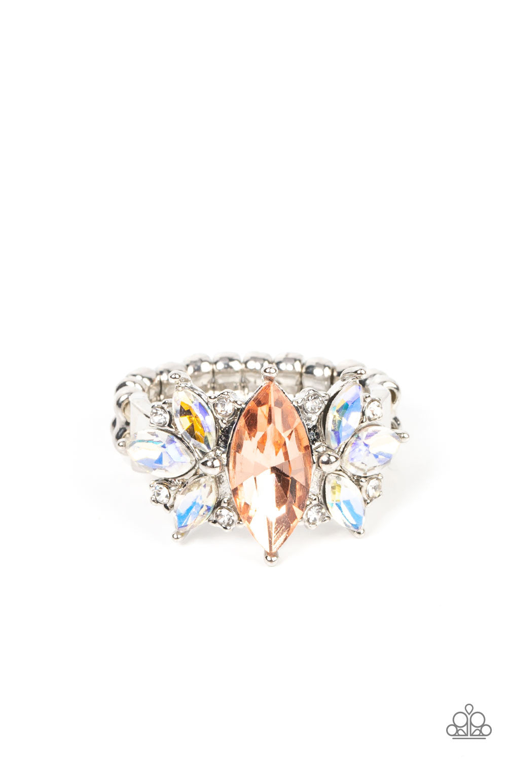 silver, silver jewelry, orange, rhinestone, orange jewelry, iridescent, iridescent jewelry, ring, fat back, affordable jewelry, paparazzi accessories, everyday jewelry,