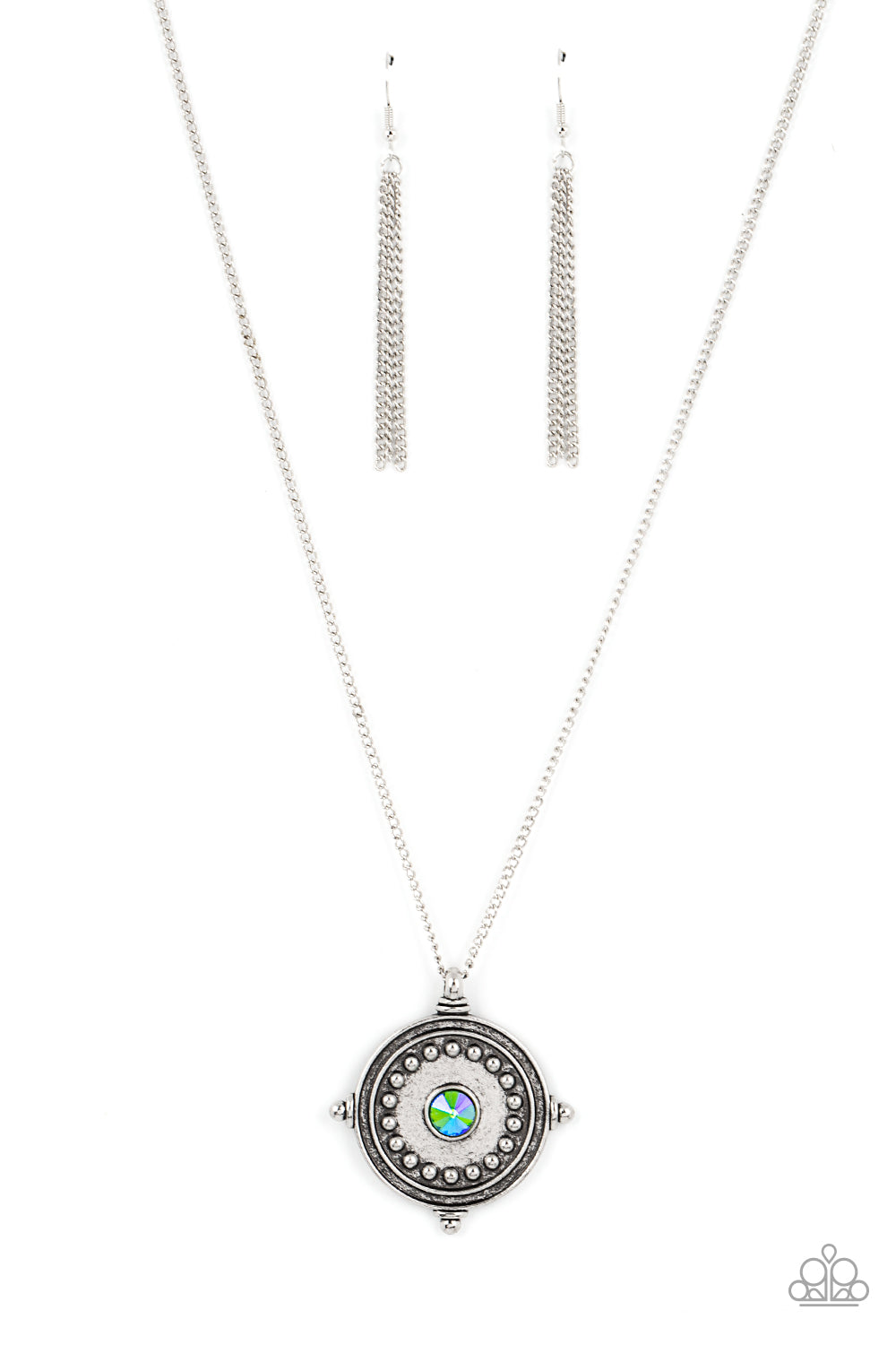 silver, silver jewelry, oil spill, necklace, long necklace, pendant necklace, trending jewelry, affordable jewelry, paparazzi accessories, everyday necklace, green, green jewelry,