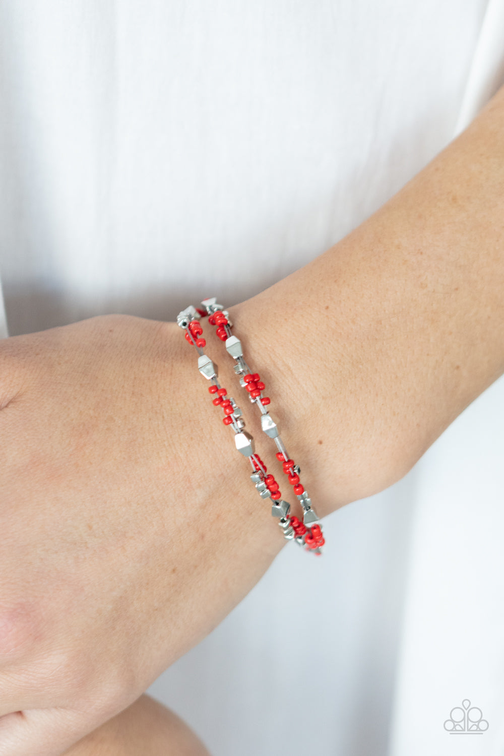 silver, silver jewelry,red, red jewelry, bracelet, claw clasp, affordable jewelry, affordable holiday gift, everyday jewelry, paparazzi accessories, seed bead, boho jewelry, jewelry stores, jewelry stores near me,