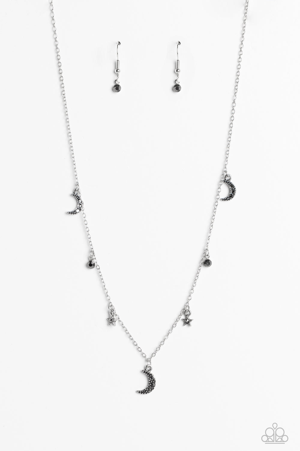 silver, silver jewelry, necklace, medium necklace, moon, hematite, hematite jewelry, rhinestone, moon jewelry, affordable jewelry, affordable holiday gift, everyday jewelry, boho jewlery, gold jewelry, star jewlery, trending jewelry, viral jewelry, paparazzi accessories, jewelry stores, jewelry stores near me,