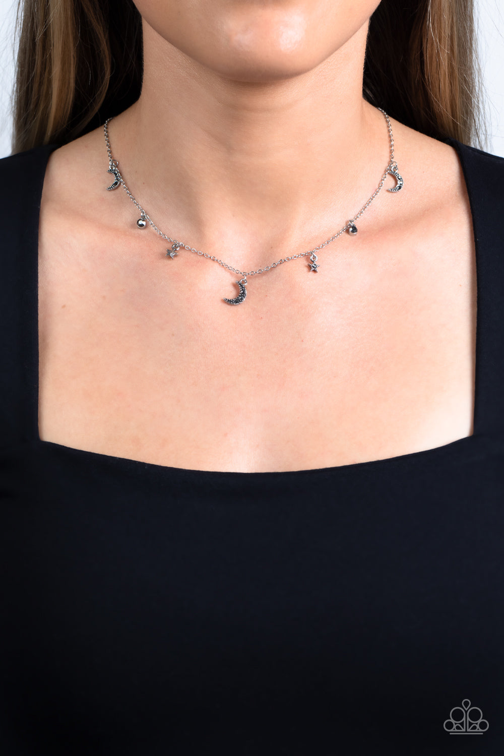 silver, silver jewelry, necklace, medium necklace, moon, hematite, hematite jewelry, rhinestone, moon jewelry, affordable jewelry, affordable holiday gift, everyday jewelry, boho jewlery, gold jewelry, star jewlery, trending jewelry, viral jewelry, paparazzi accessories, jewelry stores, jewelry stores near me,