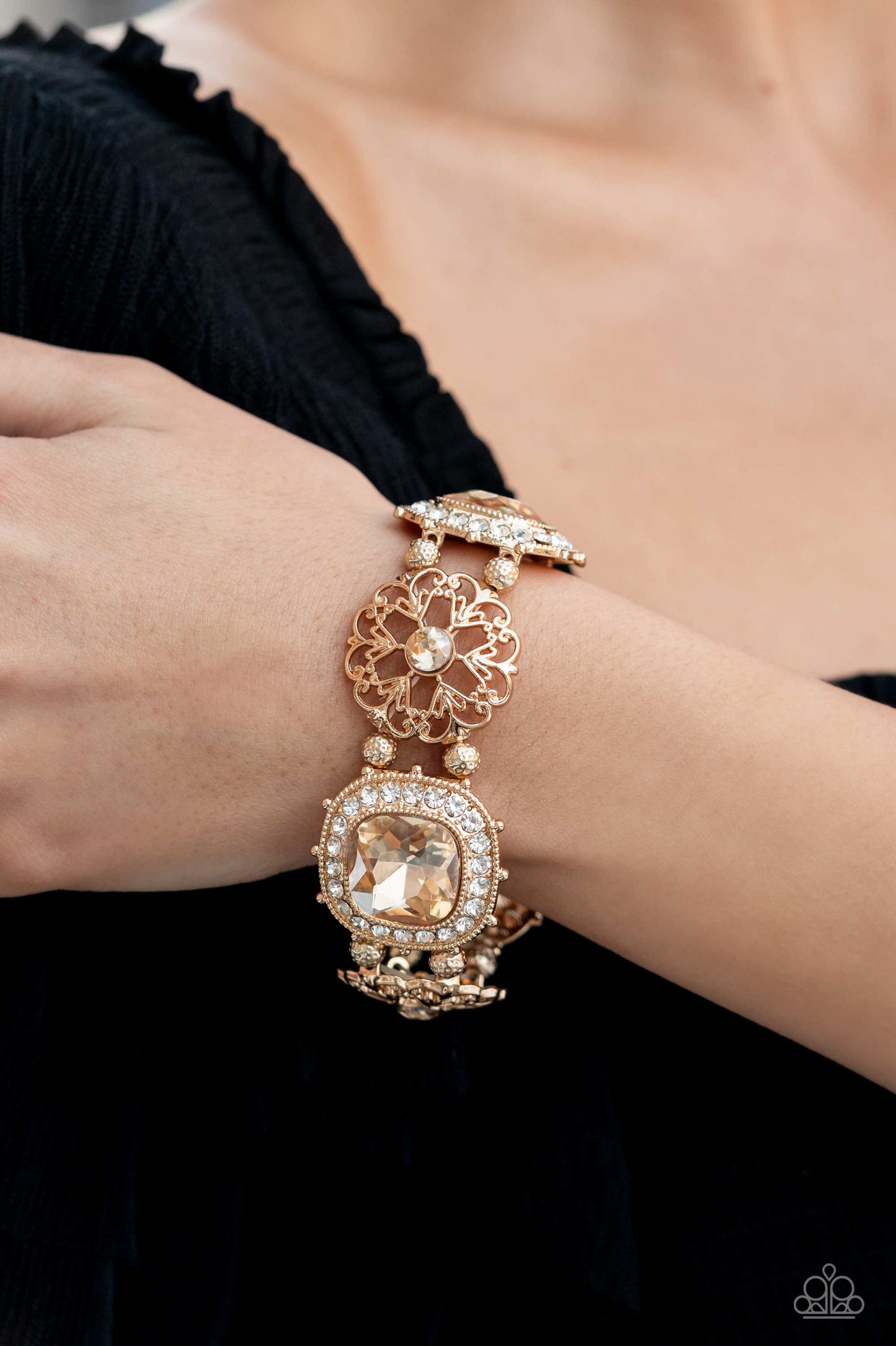 gold, gold jewlery, bracelet, stretch bracelet, affordable jewlery, affordable holiday gift, everyday jewelry, trending jewlery, viral jewlery, paparazzi accessories, life of the party exclusive, white, white jewlery, prom jewlery, rhinestone, wedding jewlery, jewlery stores, jewlery stores near me, casual jewelry,