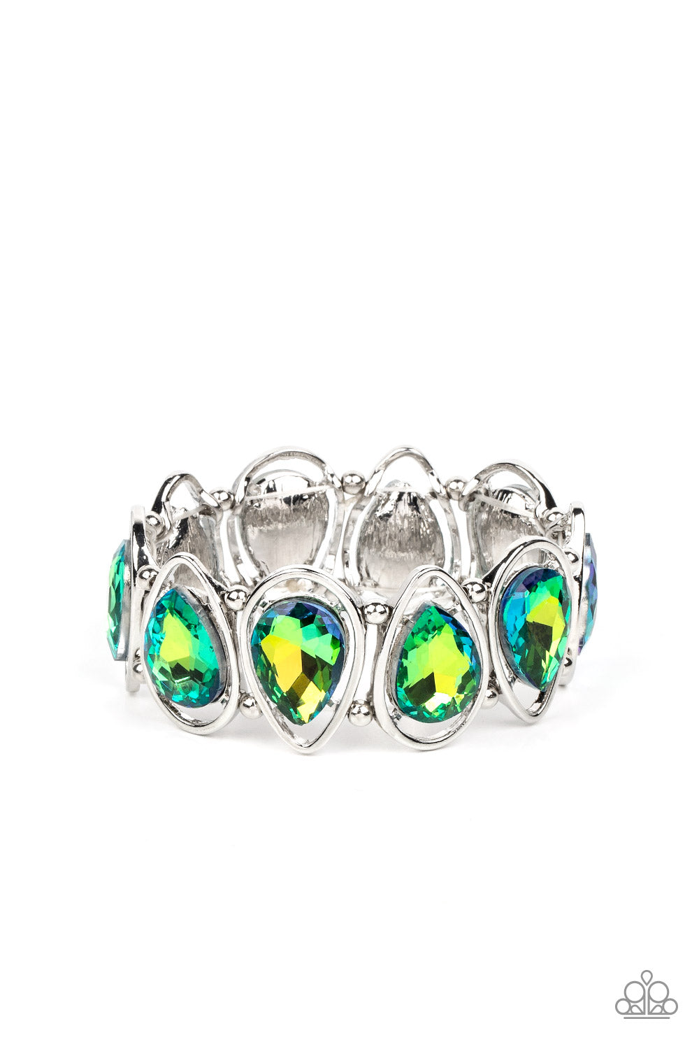 silver, silver jewelry, bracelet, stretch bracelet, teardrop gems, green, green jewelry, affordable jewelry, affordable holiday gift, st patricks day, holiday jewelry, viral jewelry, trending jewelry, paparazzi accessories, jewelry stores, jewelry stores near me,