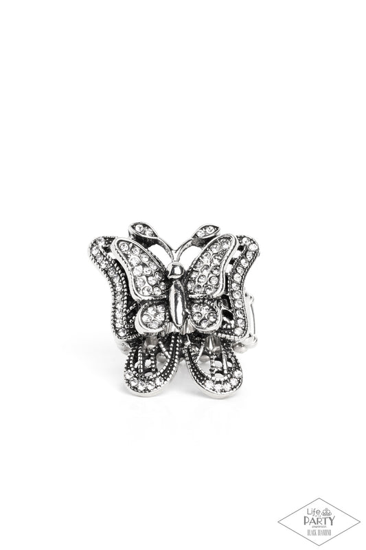 silver, silver jewlery, white, white jewlery, butterfly, ring, adjustable jewlery, rhinestone, statement ring, paparazzi accessories, black diamond exclusive, life of the party, prom jewlery, wedding jewelry, viral jewlery, jewlery stores, jewelry stores near me, 