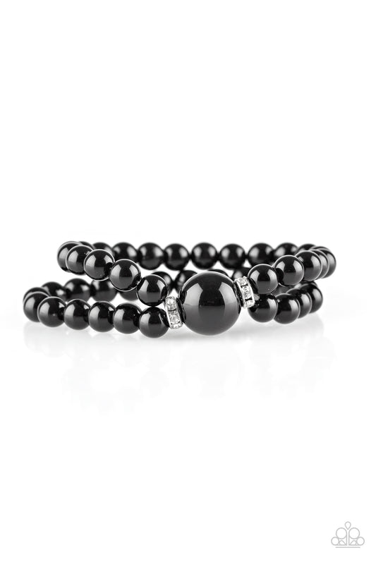 black, black jewelry, pearl, bracelet, stretch bracelet, affordable jewelry, everyday jewelry, paparazzi accessories, tax free product, pearl bracelet, white rhinestone, 