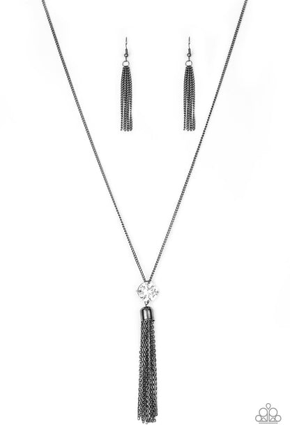 gunmetal, gunmetal necklace, gunmetal jewelry, black, black jewelry, white rhinestone, affordable jewelry, tassel jewelry, paparazzi accessories, everyday jewelry,