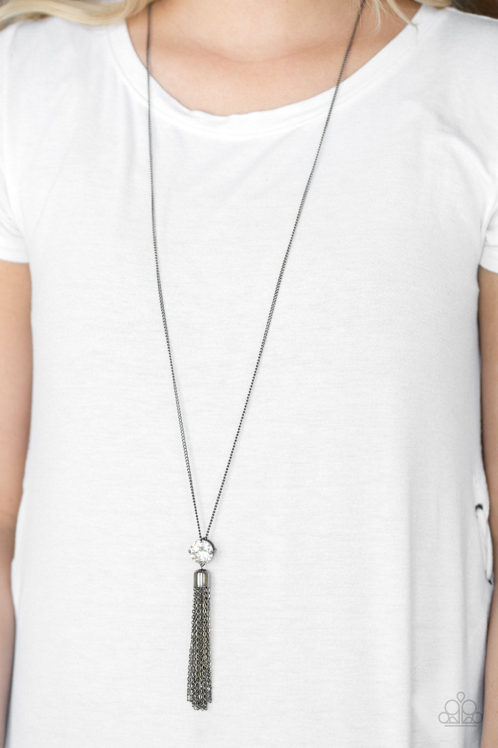 gunmetal, gunmetal necklace, gunmetal jewelry, black, black jewelry, white rhinestone, affordable jewelry, tassel jewelry, paparazzi accessories, everyday jewelry,