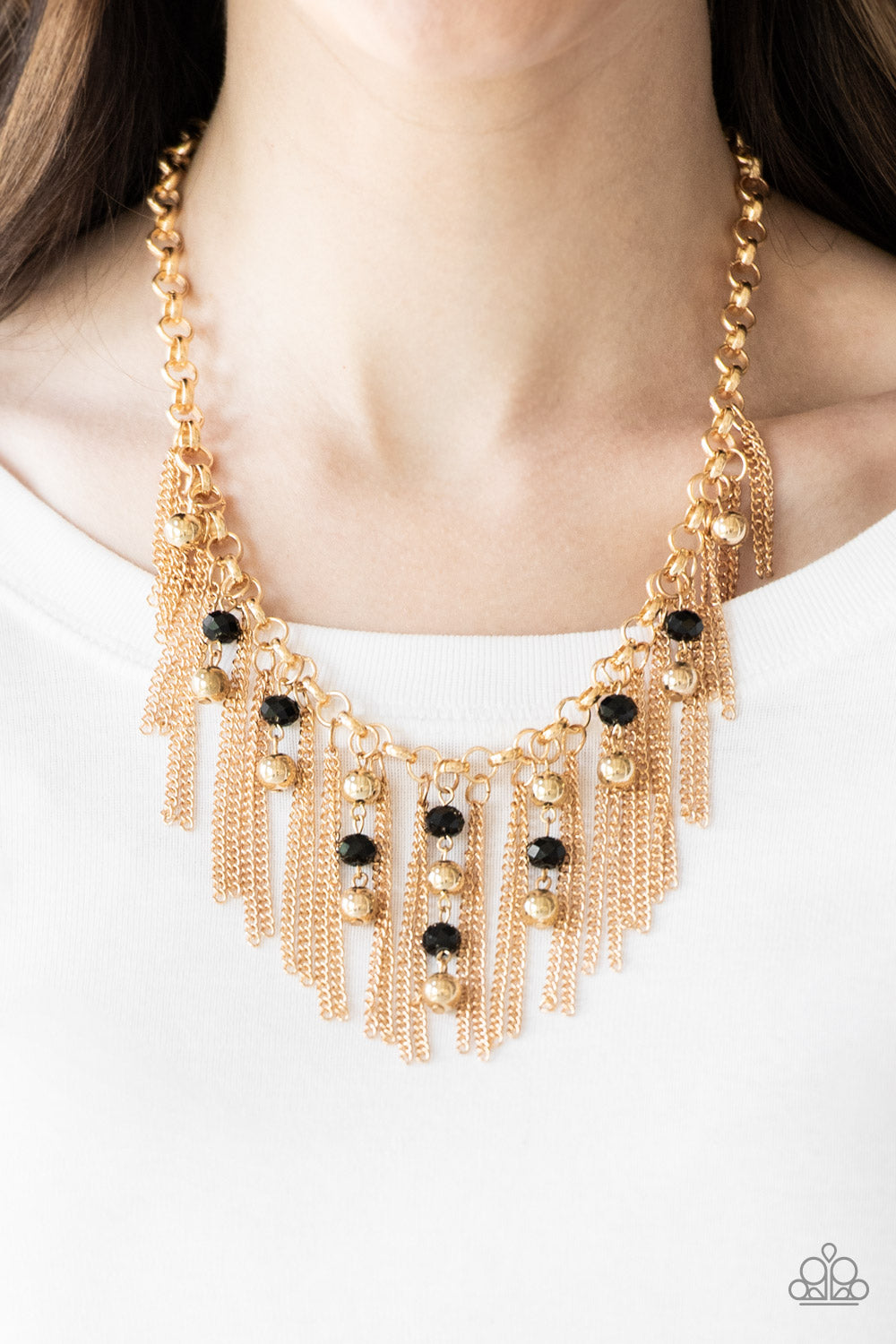 gold, gold jewelry, affordable jewelry, paparazzi accessories, everyday jewelry, black bead, fringe jewelry, casual jewelry