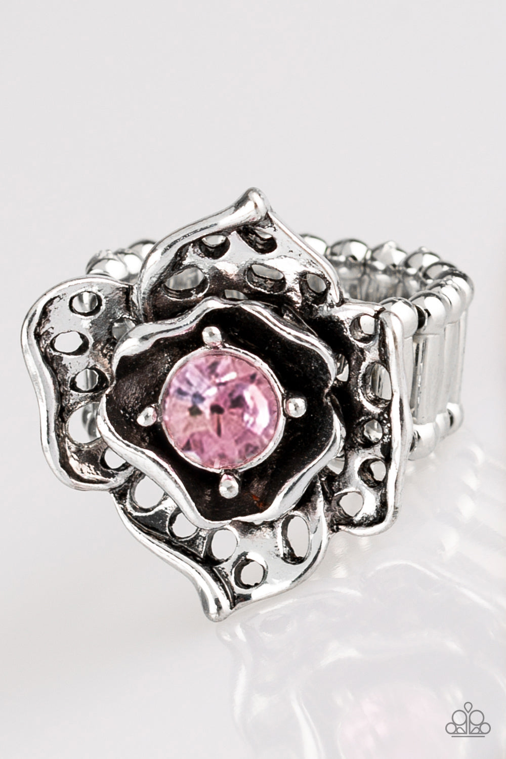 silver, silver jewelry, pink, pink jewelry, affordable jewelry, flower, flower jewelry, affordable holiday gift, everyday jewelry, paparazzi accessories, jewelry stores, jewelry stores near me, rhinestone, ring, adjustable ring, casual jewelry, everyday jewelry, 