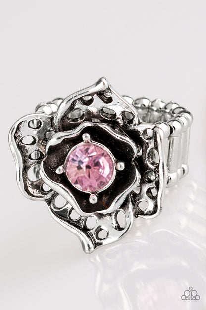 silver, silver jewelry, pink, pink jewelry, affordable jewelry, flower, flower jewelry, affordable holiday gift, everyday jewelry, paparazzi accessories, jewelry stores, jewelry stores near me, rhinestone, ring, adjustable ring, casual jewelry, everyday jewelry, 