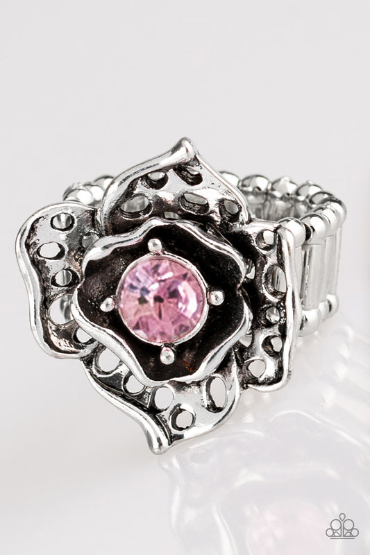 silver, silver jewelry, pink, pink jewelry, affordable jewelry, flower, flower jewelry, affordable holiday gift, everyday jewelry, paparazzi accessories, jewelry stores, jewelry stores near me, rhinestone, ring, adjustable ring, casual jewelry, everyday jewelry, 