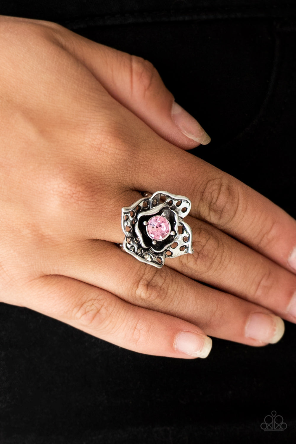 silver, silver jewelry, pink, pink jewelry, affordable jewelry, flower, flower jewelry, affordable holiday gift, everyday jewelry, paparazzi accessories, jewelry stores, jewelry stores near me, rhinestone, ring, adjustable ring, casual jewelry, everyday jewelry, 