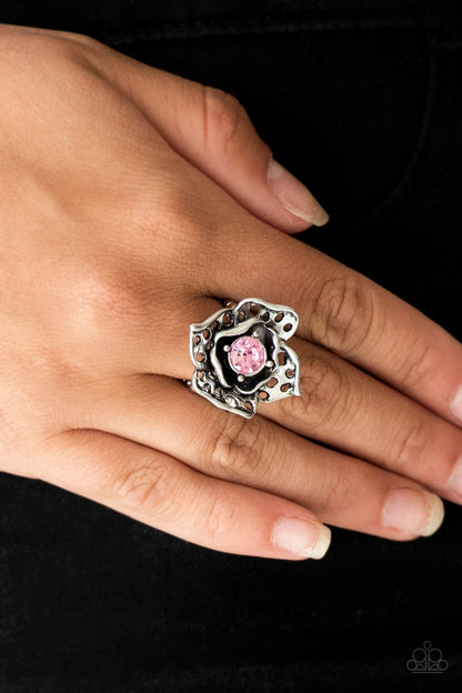 silver, silver jewelry, pink, pink jewelry, affordable jewelry, flower, flower jewelry, affordable holiday gift, everyday jewelry, paparazzi accessories, jewelry stores, jewelry stores near me, rhinestone, ring, adjustable ring, casual jewelry, everyday jewelry, 