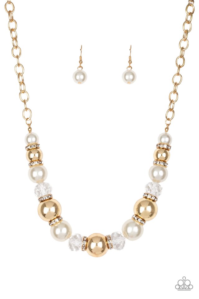 gold, gold jewelry, necklace, medium necklace, pearl, pearl jewelry, white, rhinestone, statement, statement necklace, everyday jewelry, affordable jewelry, paparazzi accessories, jewelry stores, jewelry stores near me, 