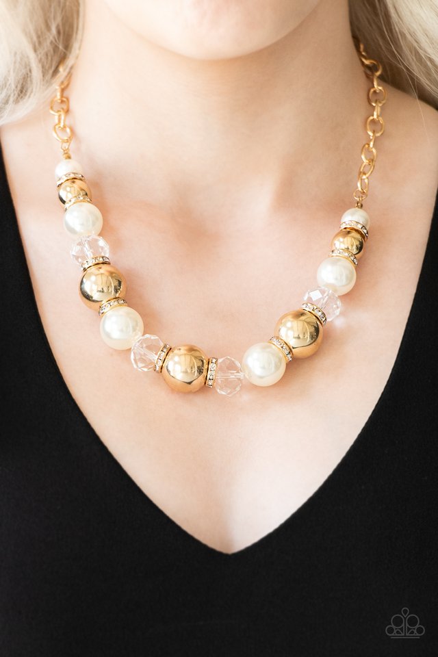 gold, gold jewelry, necklace, medium necklace, pearl, pearl jewelry, white, rhinestone, statement, statement necklace, everyday jewelry, affordable jewelry, paparazzi accessories, jewelry stores, jewelry stores near me, 