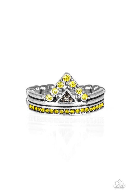 silver, silver jewelry, adjustable ring, one size fits all, yellow, yellow jewelry, orange rhinestone, everyday jewelry, affordable jewelry, paparazzi accessories 