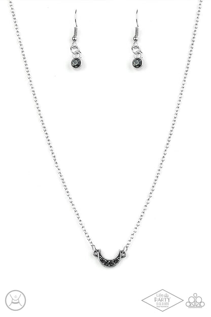 silver, silver jewelry, necklace, medium necklace, choker, life of the party exclusive, moon, moon jewelry, hematite, hematite jewelry, paparazzi accessories, black diamond bring back, everyday jewelry, dainty jewelry, affordable jewelry,