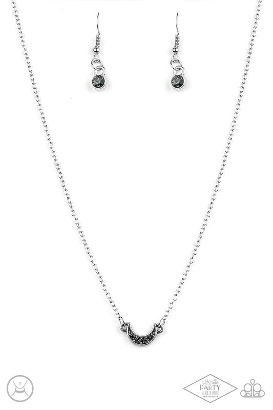 silver, silver jewelry, necklace, medium necklace, choker, life of the party exclusive, moon, moon jewelry, hematite, hematite jewelry, paparazzi accessories, black diamond bring back, everyday jewelry, dainty jewelry, affordable jewelry,