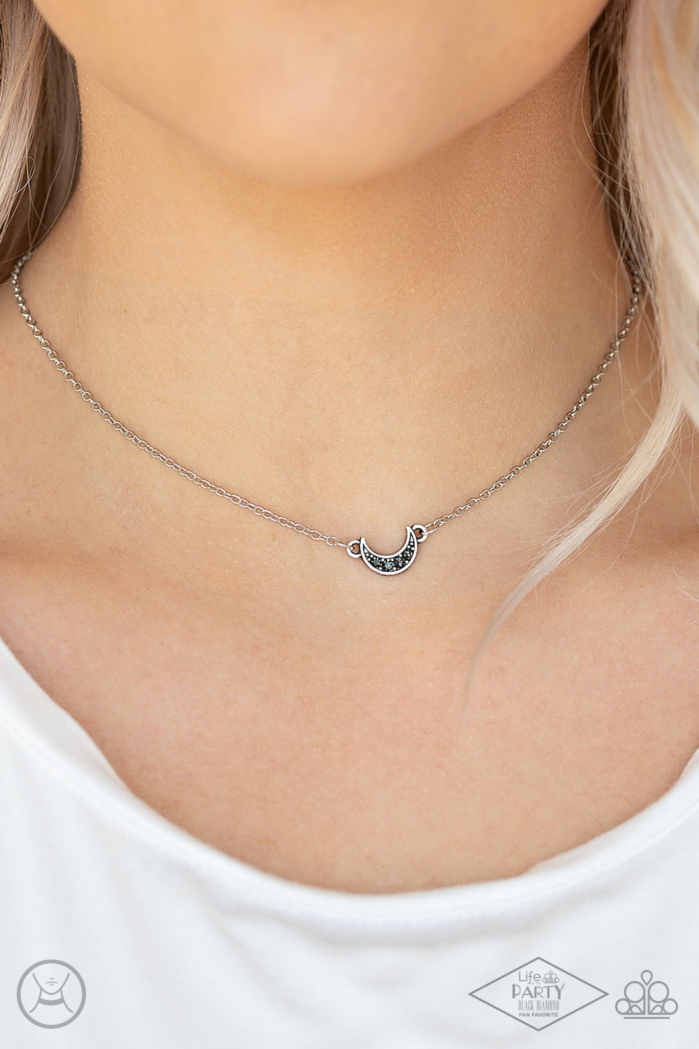 silver, silver jewelry, necklace, medium necklace, choker, life of the party exclusive, moon, moon jewelry, hematite, hematite jewelry, paparazzi accessories, black diamond bring back, everyday jewelry, dainty jewelry, affordable jewelry,