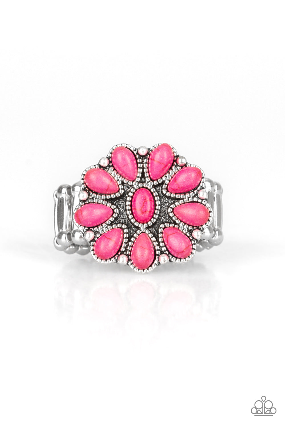 silver, silver jewlery, ring, adjustable ring, pink, pink jewlery, flower, flower jewelry, boho jewelry, stone, stone jewelry, crackle stone jewelry, affordable jewelry, affordable holiday gift, everyday jewelry, paparazzi accessories, jewelry stores, jewelry stores near me 