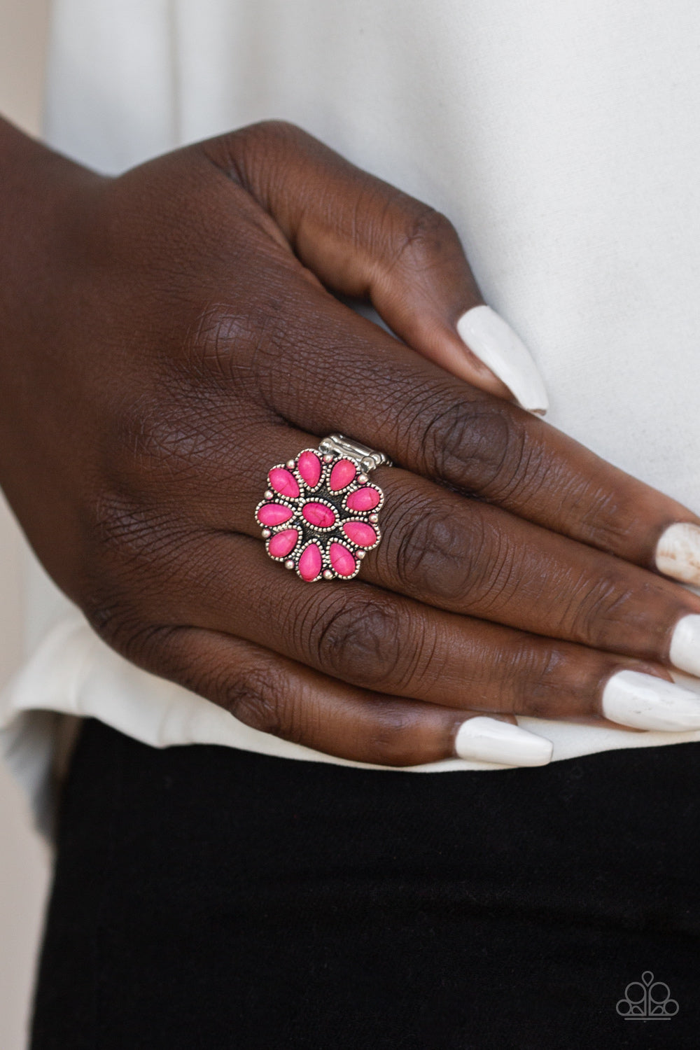 silver, silver jewlery, ring, adjustable ring, pink, pink jewlery, flower, flower jewelry, boho jewelry, stone, stone jewelry, crackle stone jewelry, affordable jewelry, affordable holiday gift, everyday jewelry, paparazzi accessories, jewelry stores, jewelry stores near me 