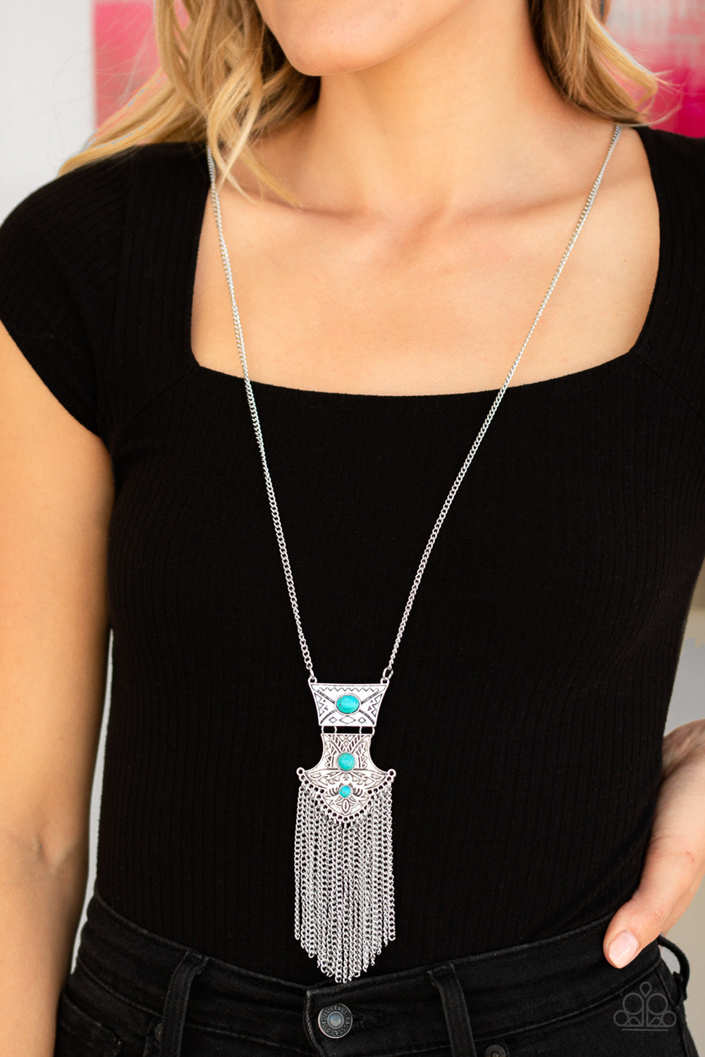 silver, silver jewelry, necklace, long necklace, fringe jewelry, blue, blue jewelry, stone jewelry, affordable jewelry, affordable holiday gift, everyday jewelry, paparazzi accessories, jewelry stores, jewelry stores near me, 