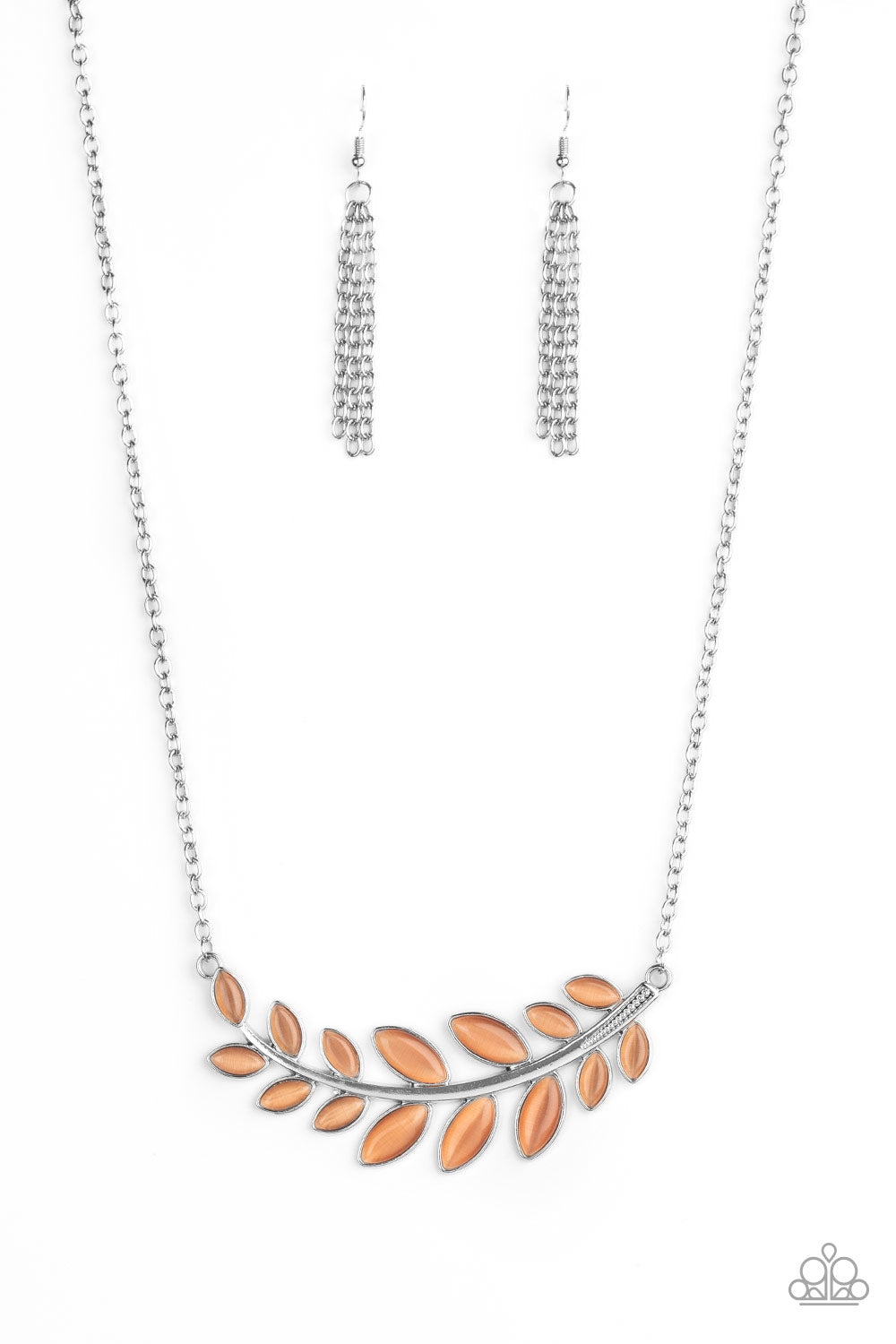 silver, silver jewelry, necklace, medium necklace, leaf, leaf jewelry, orange, orange jewelry, moon stone , affordable jewelry, affordable holiday gifts, everyday jewelry, casual jewelry, trending jewelry, paparazzi accessories,  jewelry stores, jewelry stores near me