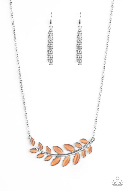 silver, silver jewelry, necklace, medium necklace, leaf, leaf jewelry, orange, orange jewelry, moon stone , affordable jewelry, affordable holiday gifts, everyday jewelry, casual jewelry, trending jewelry, paparazzi accessories,  jewelry stores, jewelry stores near me