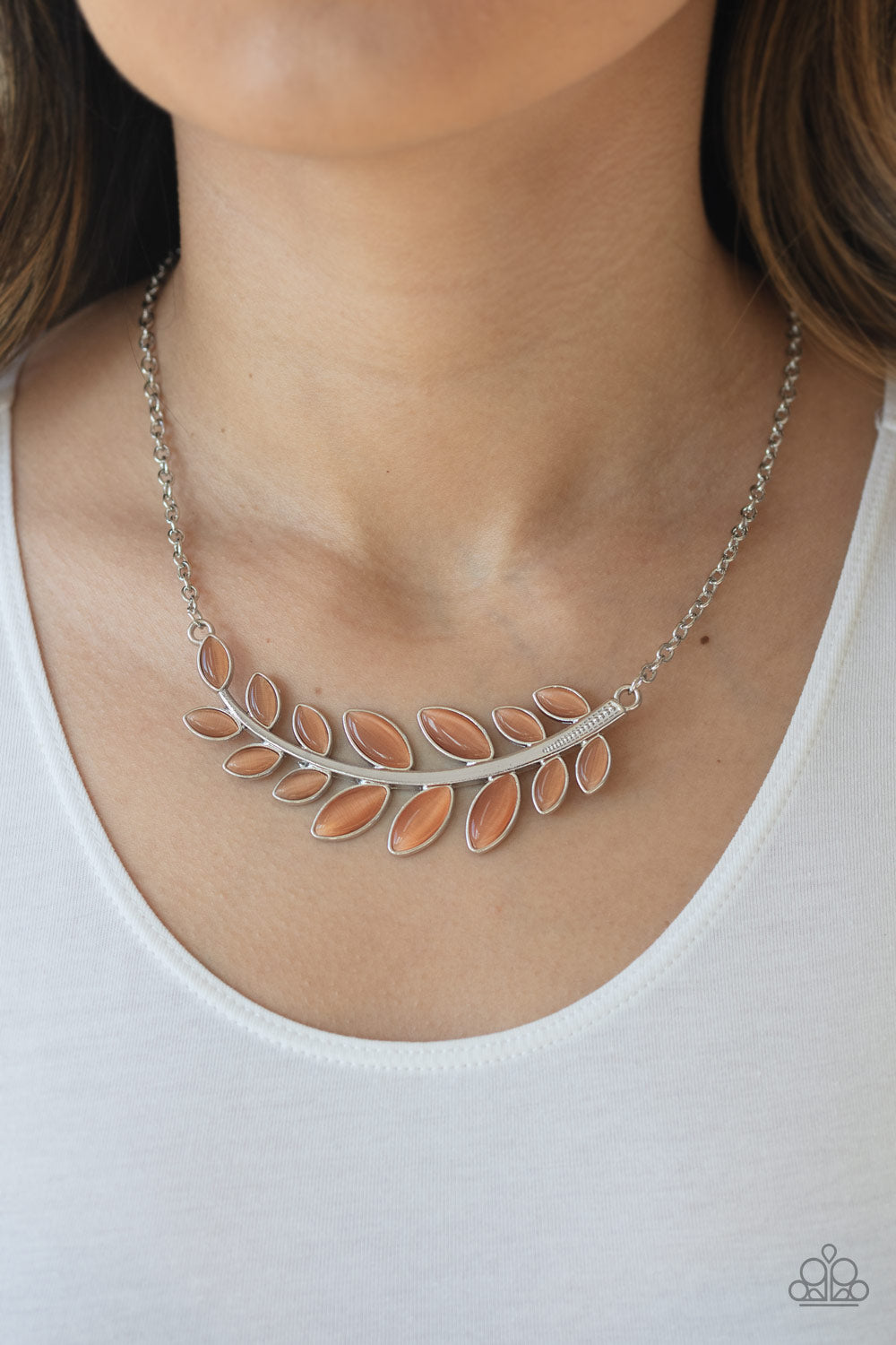 silver, silver jewelry, necklace, medium necklace, leaf, leaf jewelry, orange, orange jewelry, moon stone , affordable jewelry, affordable holiday gifts, everyday jewelry, casual jewelry, trending jewelry, paparazzi accessories,  jewelry stores, jewelry stores near me