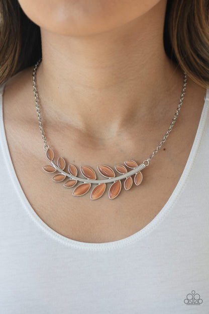 silver, silver jewelry, necklace, medium necklace, leaf, leaf jewelry, orange, orange jewelry, moon stone , affordable jewelry, affordable holiday gifts, everyday jewelry, casual jewelry, trending jewelry, paparazzi accessories,  jewelry stores, jewelry stores near me