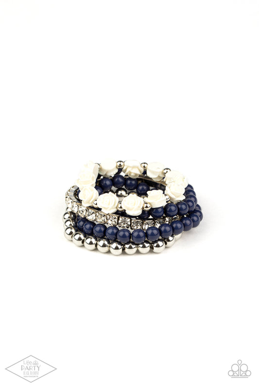 life of the party exclusive, bracelet, stretch bracelet, everyday jewelry, stacked bracelet, affordable holiday gift, affordable jewelry, flower jewelry, flower, blue jewelry, black diamond bring back, 