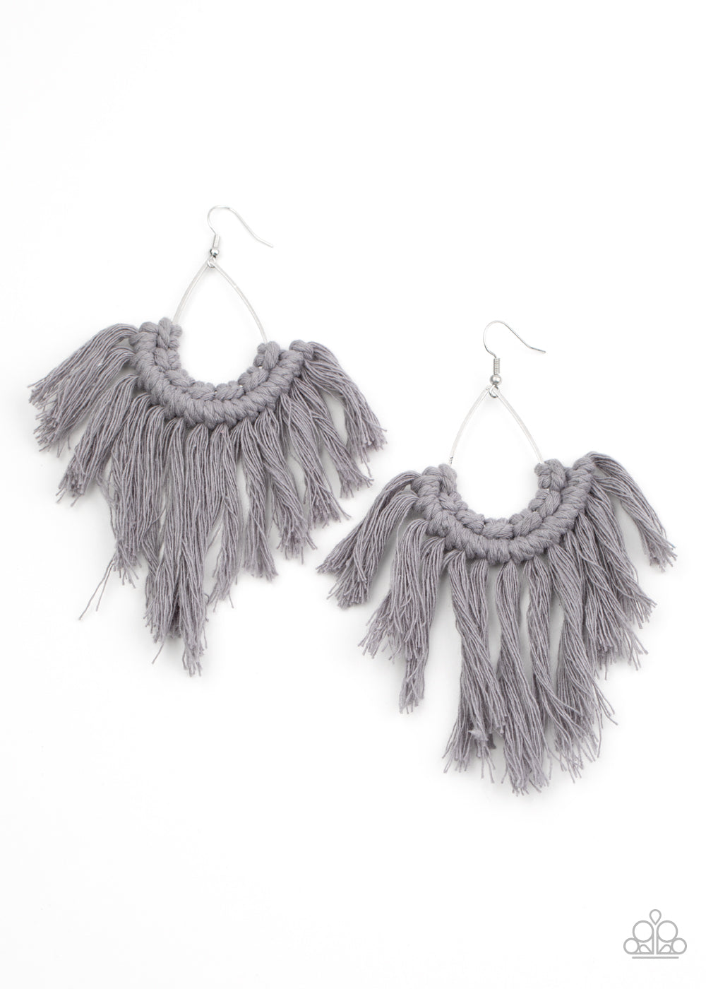 silver, silver jewelry, earring, fish hook, gray macrame, macrame earrings, boho jewelry, bohemian jewelry,affordable jewelry, affordable holiday jewelry, paparazzi accessories, everyday jewelry, jewelry stores, jewelry stores near me, 