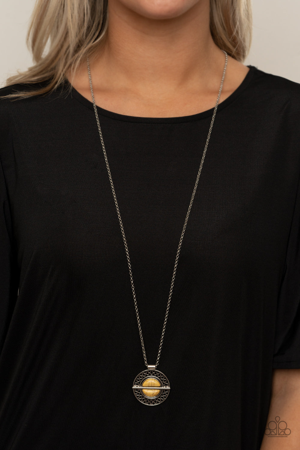 silver, silver jewelry, necklace, long necklace, stone, yellow, yellow jewelry, affordable jewelry, paparazzi accessories, everyday jewelry, bohemian jewelry, casual jewelry, trending jewelry
