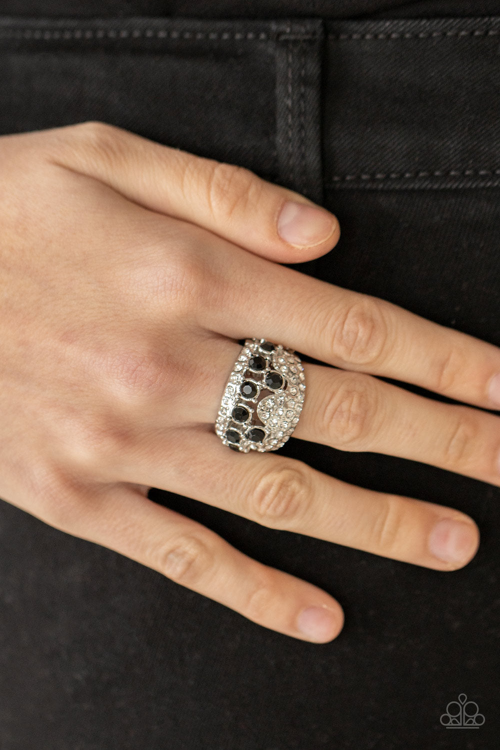 silver, silver jewelry, black, black jewelry, ring, adjustable ring, black rhinestone, affordable jewelry, affordable holiday jewelry, affordable holiday gift, birthday gift, everyday jewelry, paparazzi accessories, jewelry stores, jewelry stores near me, 
