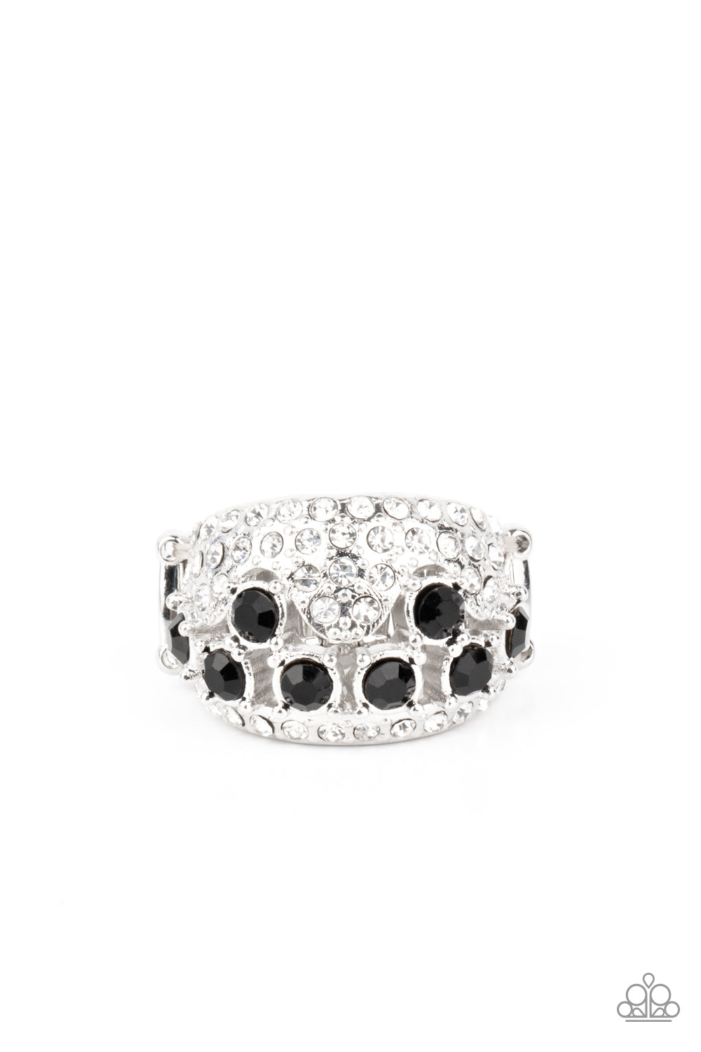 silver, silver jewelry, black, black jewelry, ring, adjustable ring, black rhinestone, affordable jewelry, affordable holiday jewelry, affordable holiday gift, birthday gift, everyday jewelry, paparazzi accessories, jewelry stores, jewelry stores near me, 