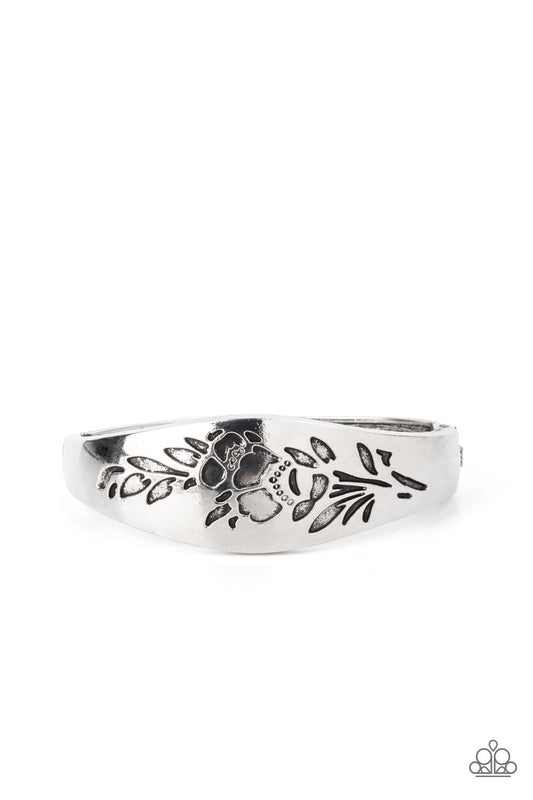 silver, silver jewelry, bracelet, hinged bracelet, affordable jewelry, paparazzi accessories, everyday jewelry, floral jewelry, casual jewelry, 